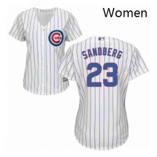 Womens Majestic Chicago Cubs 23 Ryne Sandberg Replica WhiteBlue Strip Fashion MLB Jersey